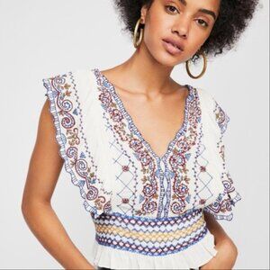 Free People‎ White Holland Park Embroidered Boho Beaded Women's Blouse Top S